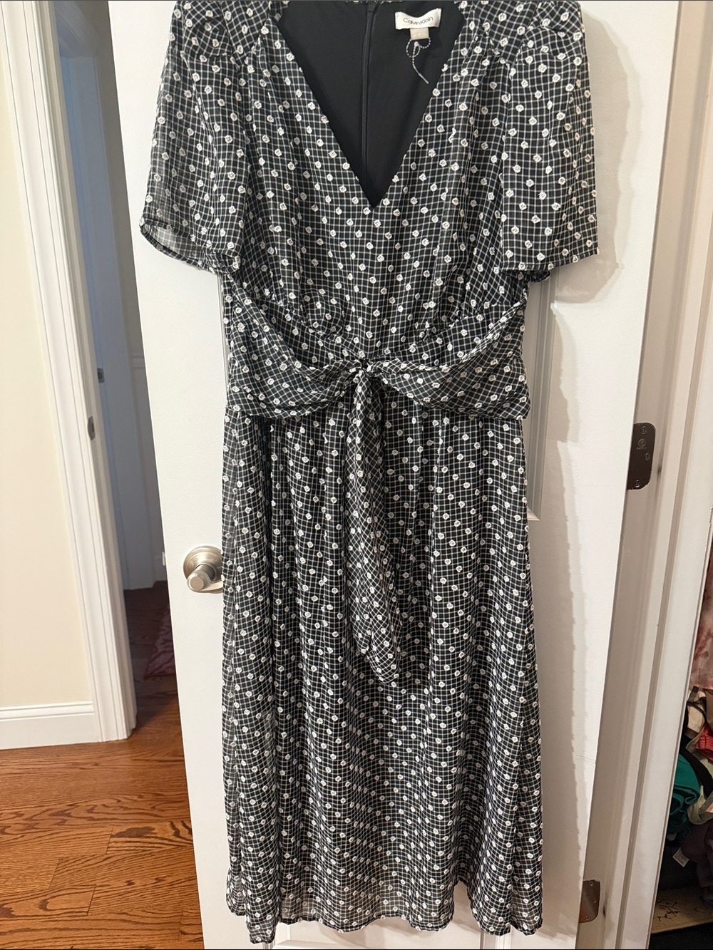 Calvin Klein Black and White Printed Tie-Front Midi Dress